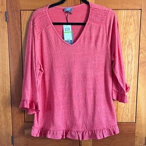 Ninety Coral V-Neck Blouse with Ruffle Hem